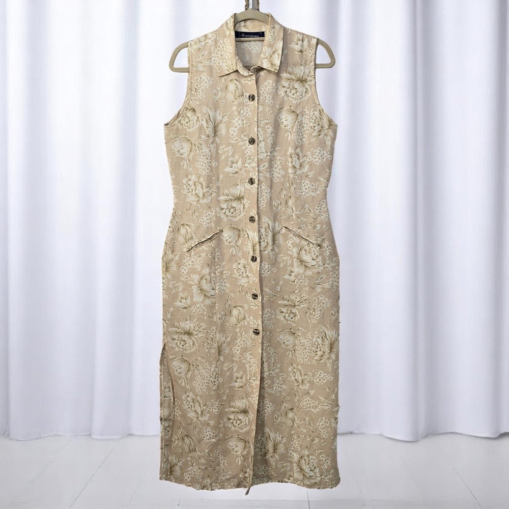 Feniciania Linen Dress Floral‎ Sleeveless Midi Button Front Pockets Size Medium?